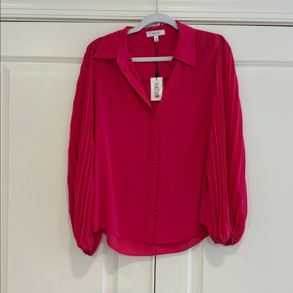 Milly Pomegranate Lina Solid Pleat Blouse.